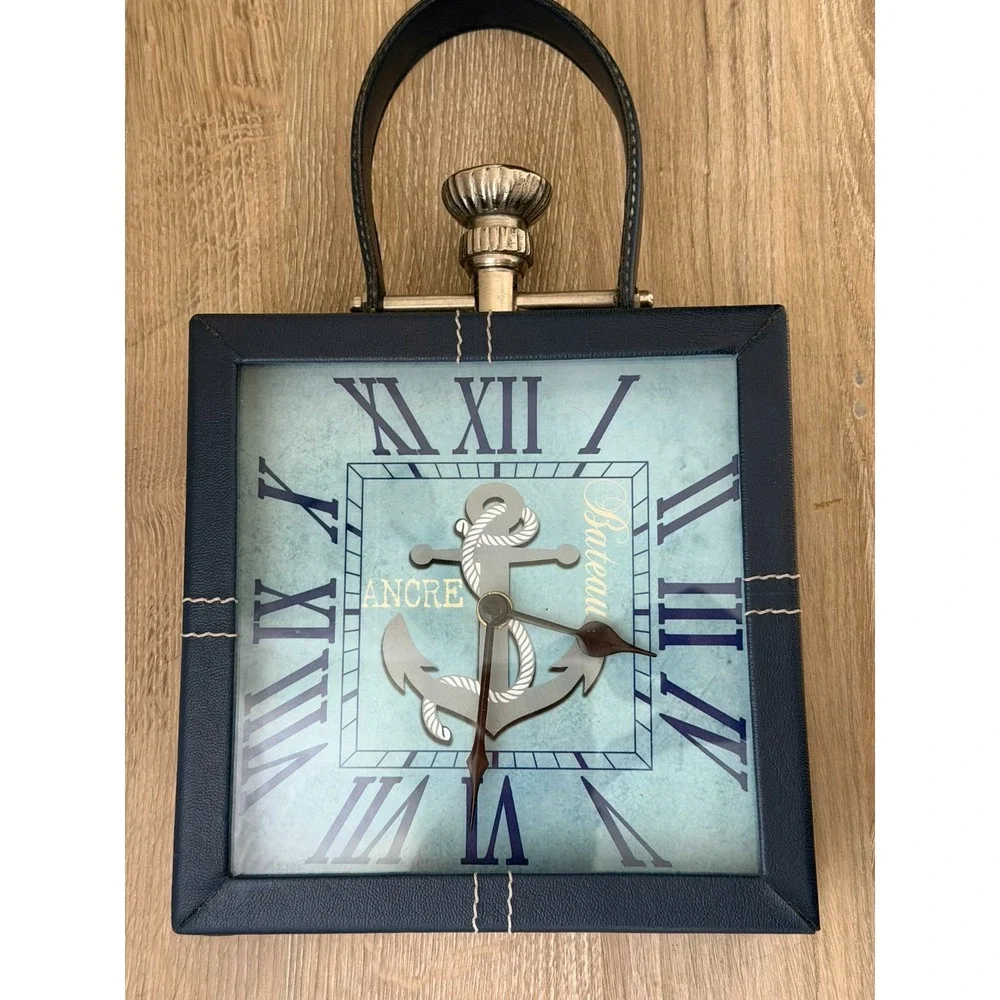 Quartz Desk‎ Clock Squared Faux Leather Blue Nautical Design
